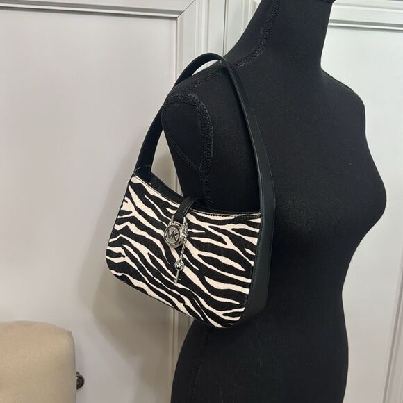 Michael Kors Lyra Black and White Calf Hair Leather Pouchette - Picture 3 of 11